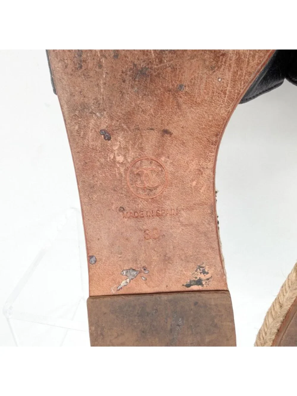 Chanel CC Flat Espadrille Mule Slide Sandals Black Leather Size 38 US 7-7.5 - Picture 14 of 15